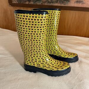 143 Girl Yellow Rain Boots with Black & Green Butterfly Print
